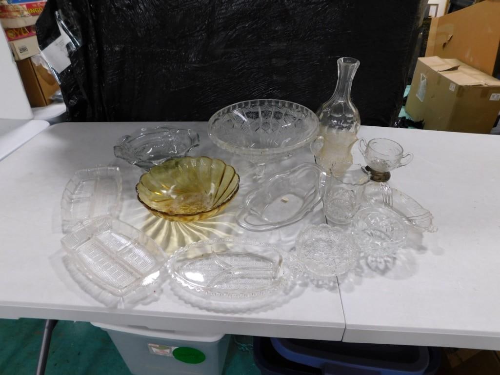 Lot of Clear Glass plus an Amber Glass Bowl: Lot of Clear Glass plus an Amber Glass Bowl