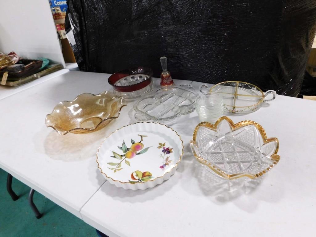 Glass Lot incl Cut to Clear Glass Bell, etc: Glass Lot incl Cut to Clear Glass Bell, etc Condition: the bowl with the red rim has a large chip