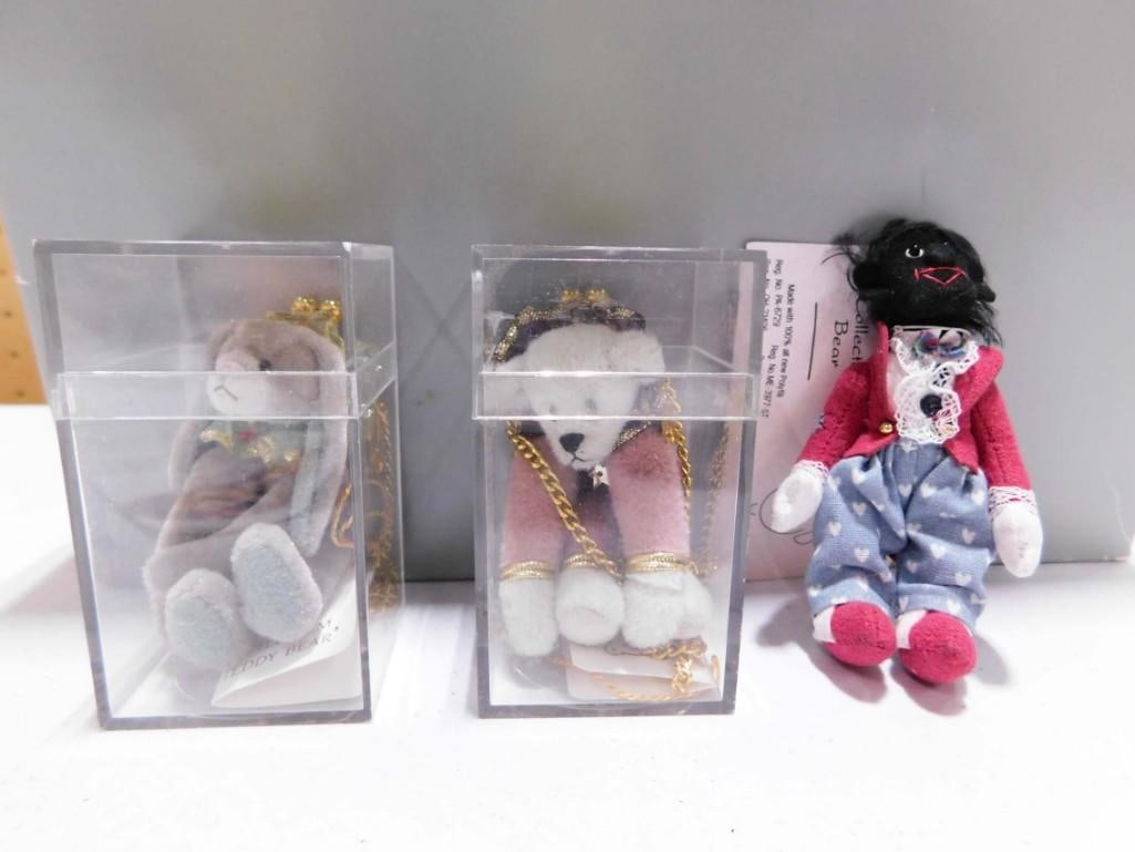 Deb Canham "Spats" Artist Mini Rag Doll & 2 Little Gems Teddy Bear & Bunny Rabbit Mini Purse Necklac (1 of 9)