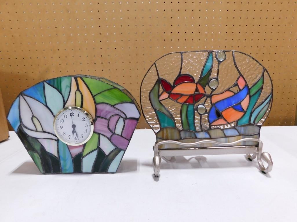 2 Stained Glass Items incl Stained Glass Clock and Stained Glass Small Lamp or Light (1 of 5)
