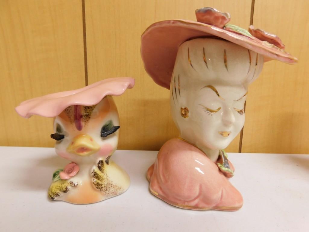 Anthropomorphic Bird Head Vase and Lady Head Vase: 2 vintage head vases including and Anthropomorphic Bird Head Vase and a Lady Head Vase - pink with purple flowers and gold gilt face