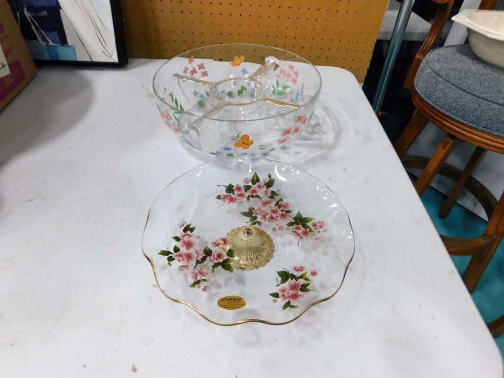 Hand Painted Chip and Dip Bowl and Footed Shallow Bowl: Hand Painted Chip and Dip Bowl and Footed Shallow Bowl . Floral patterns