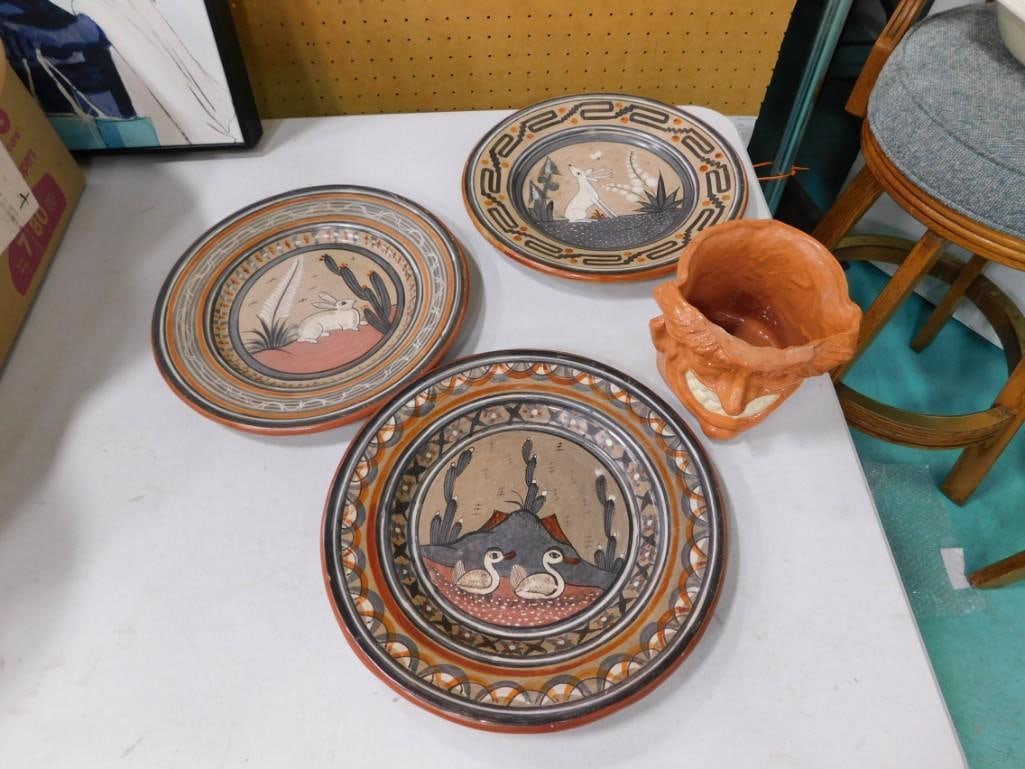 3 Vintage Tonala Pottery Plates Plus a Handmade Pottery Face Vase (1 of 6)
