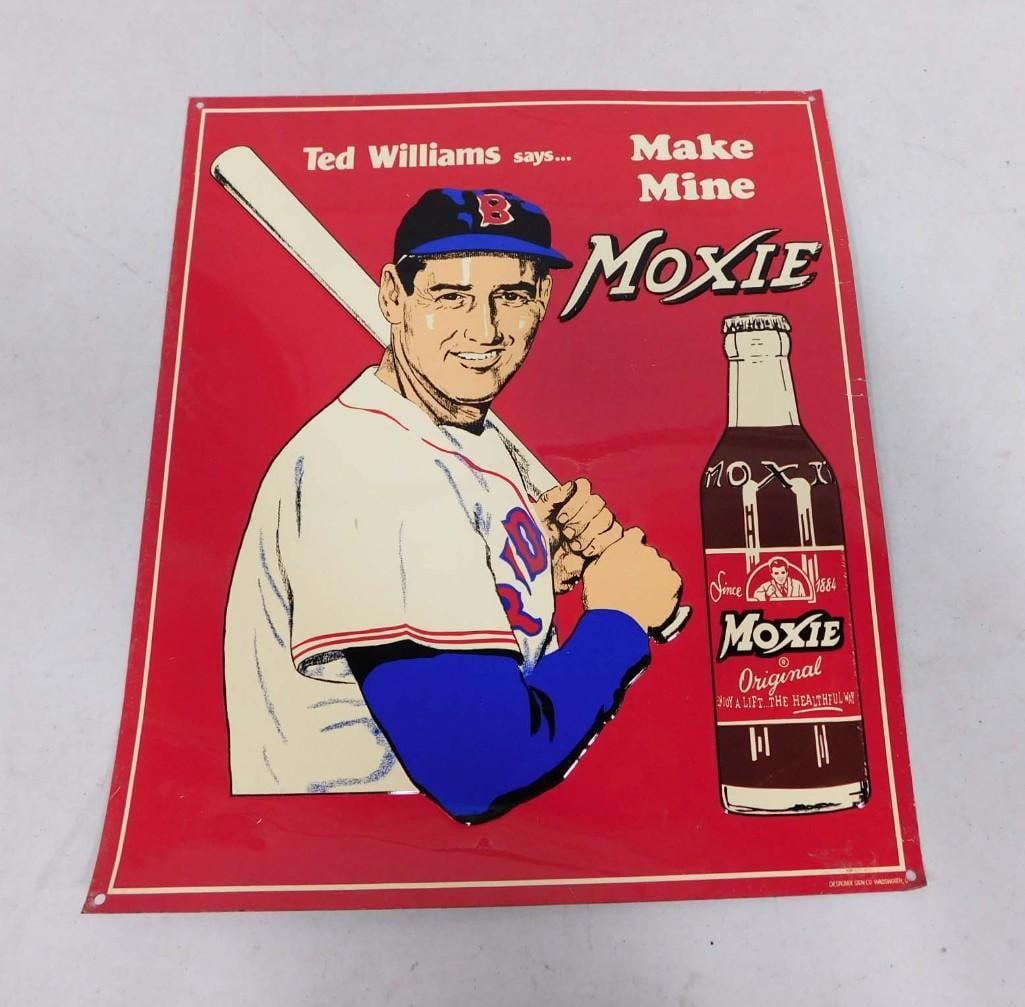 Moxie Soda Metal Sign Ted Williams Says Make Mine Moxie: Moxie Soda Metal Sign Ted Williams Says Make Mine Moxie . Approximately 11" x 13" . Condition: has some bends and scratches