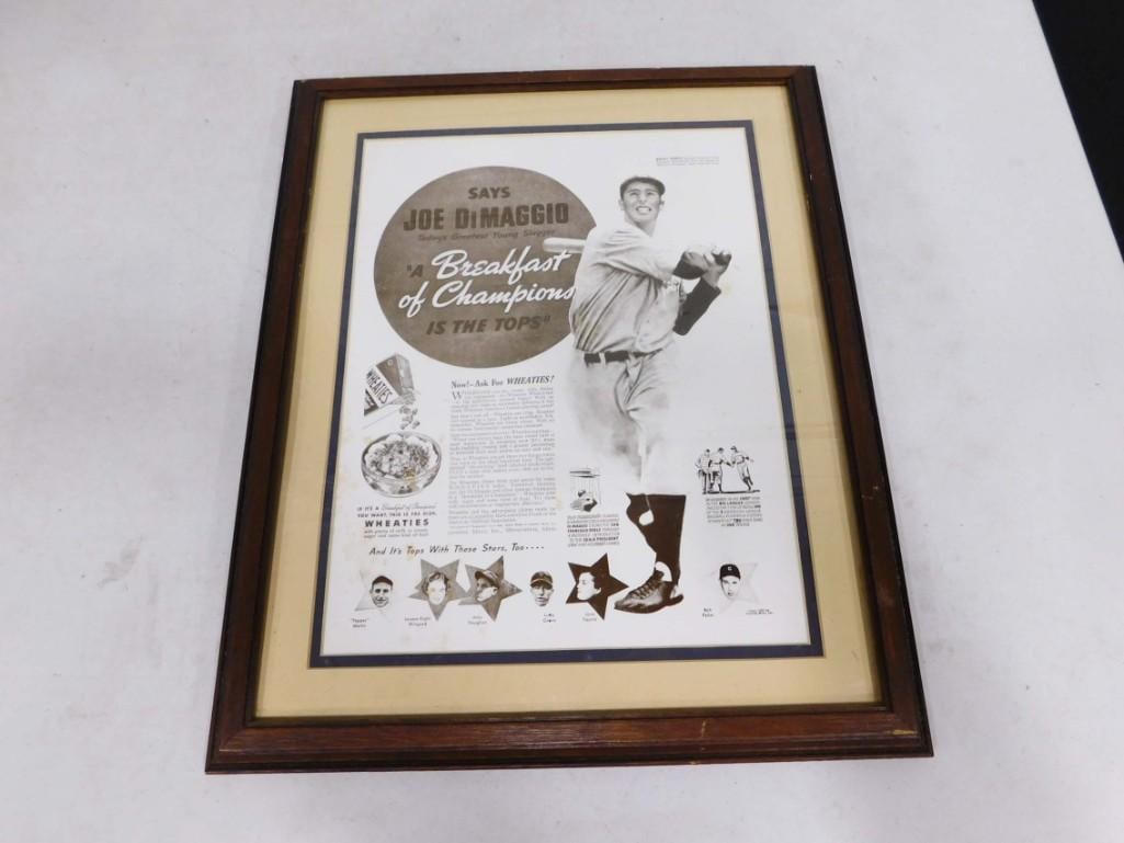 Joe DiMaggio Wheaties Advertisement Framed 14 1/2" x 18": Joe DiMaggio Wheaties Advertisement Framed 14 1/2" x 18"