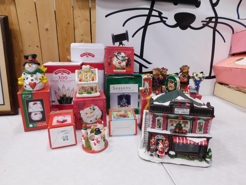Lot of Christmas Decorations incl St Nicholas Square Santa's Toy Chest, Candle Holders,: Lot of Christmas Decorations incl St Nicholas Square Santa's Toy Chest, Candle Holders, Strings of Lights, etc