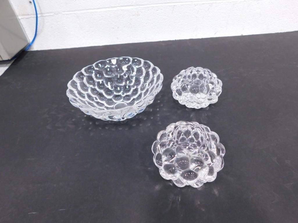 Vintage Orrefors Sweden Console Set Raspberry Pattern Votives and Bowl Signed / Etched (1 of 4)