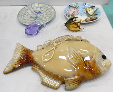 Fish Lot including Ceramic Fish Wall Hanging, Glass Fish, Fish Plates: Fish Lot including Ceramic Fish Wall Hanging, Glass Fish paperweights including made in Sweden, Fish Plates including 1950&#39;s Japanese Ceramic and 1960&#39;s Mosaic