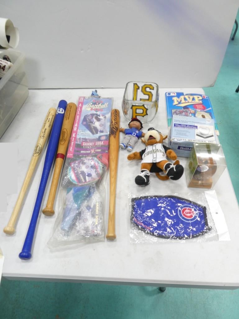 Sports lot including mini baseball bats, plush, Chicago Cubs, Sammy Sosa Kite, Mask, etc. (1 of 17)