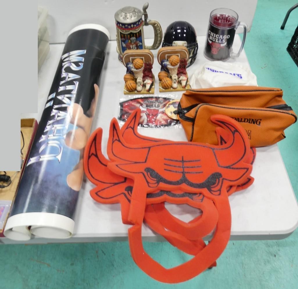 Sports Lot including Chicago Bulls, Joe Montana Stein, Michael Jordan Bookends, Phantasm II Poster, (1 of 17)
