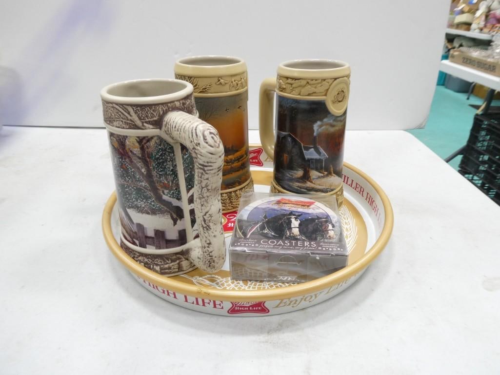 Beer Lot including Miller High Life Tray, Budweiser Coasters, Beer Steins (1 of 9)