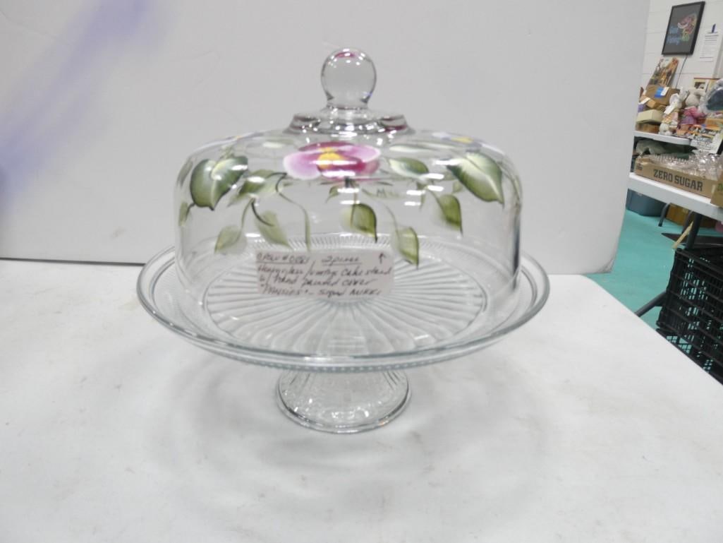 Heavy Glass Vintage Cake Stand - Hand painted Pansies - Signed "Mikki" (1 of 6)
