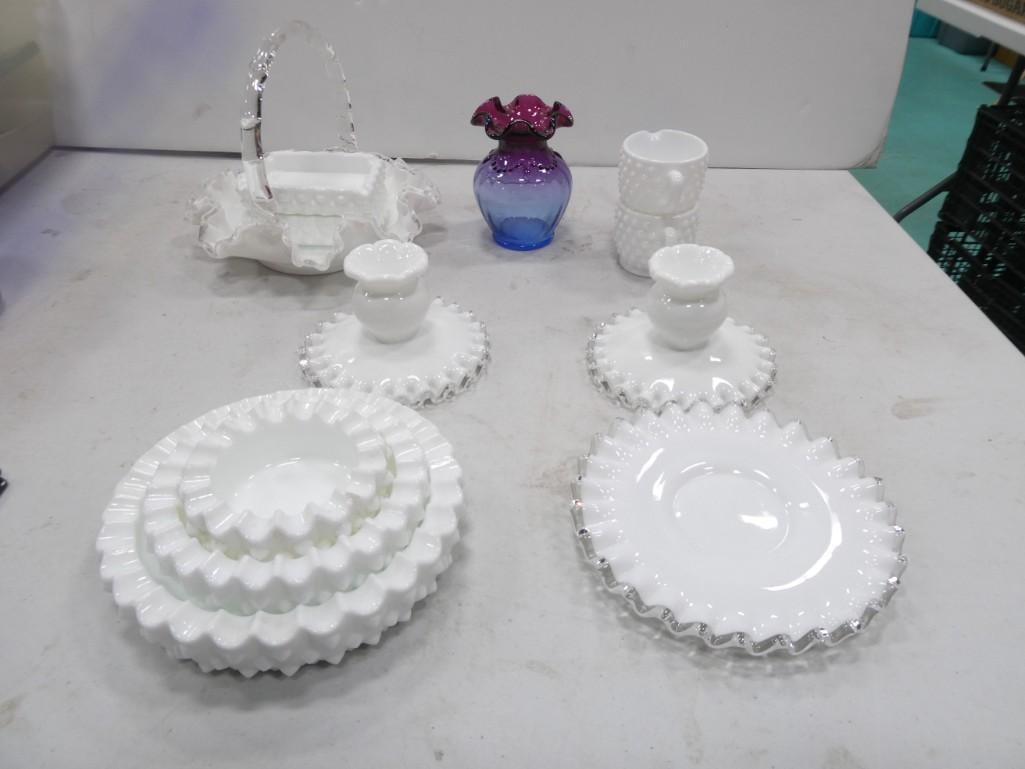 Fenton Art Glass Vase, WHite Hobnail Mix Lot, Silvercrest Basket Candleholders, etc. (1 of 16)