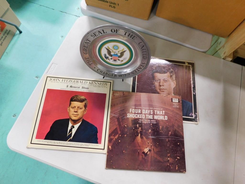 3 JFK Vinyl Record Albums and Metal United States Seal: 3 John F. Kennedy Vinyl Record Albums and Metal United States Seal