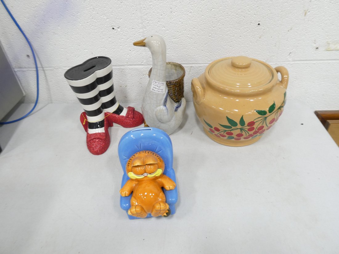 Collectibles lot including Garfield, Wizard of Oz, Goose Planter, 1940-50's Stoneware Beanpot Cherry (1 of 12)