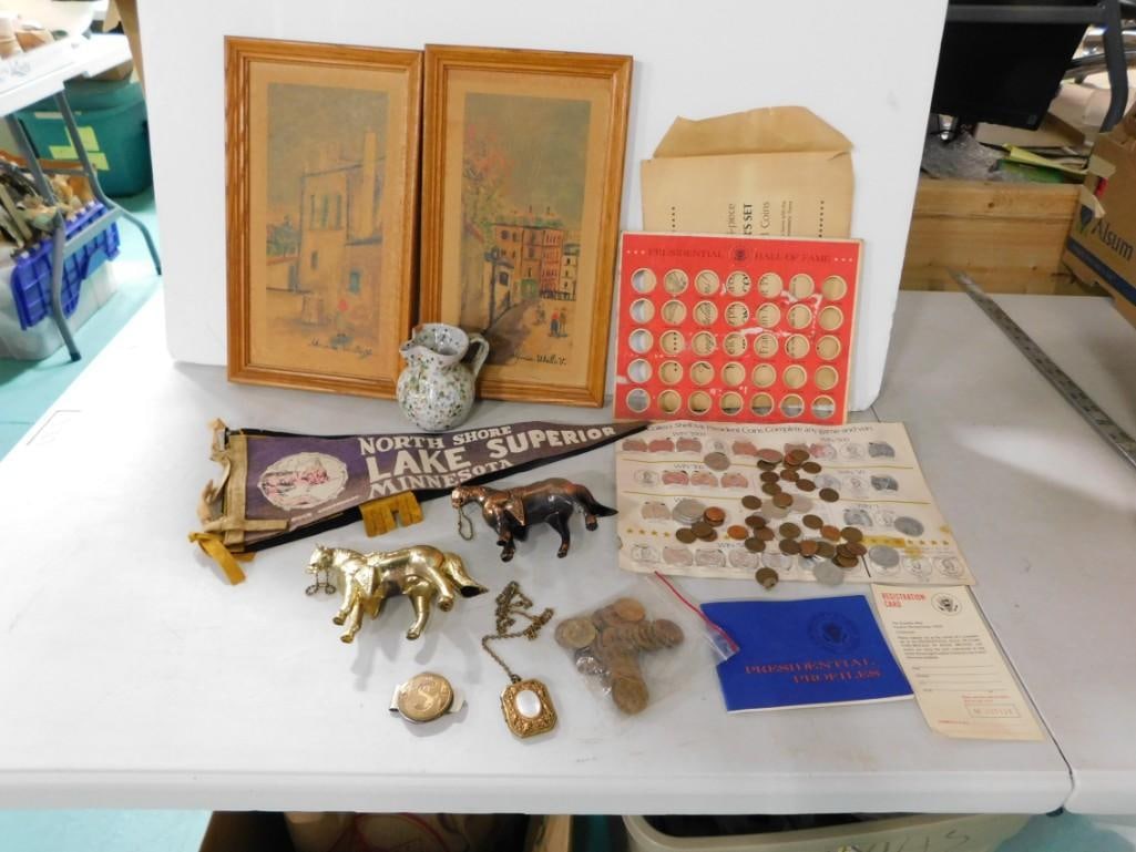 Misc. Lot including coins, Horses, old pictures, trinkets, Pennants, etc. (1 of 6)