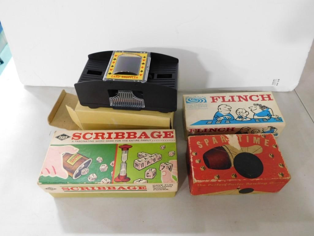 Vintage Game lot including Card Shuffler, Scribbage, Flinch and Sparetime (1 of 2)