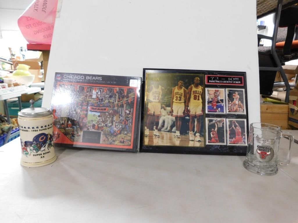 Chicago Bulls and Bears Lot including Steins, Michael Jordan Plaque, Bears Puzzle, etc.: Chicago Bulls and Bears Lot including Steins, Michael Jordan Plaque, Bears Puzzle, etc.
