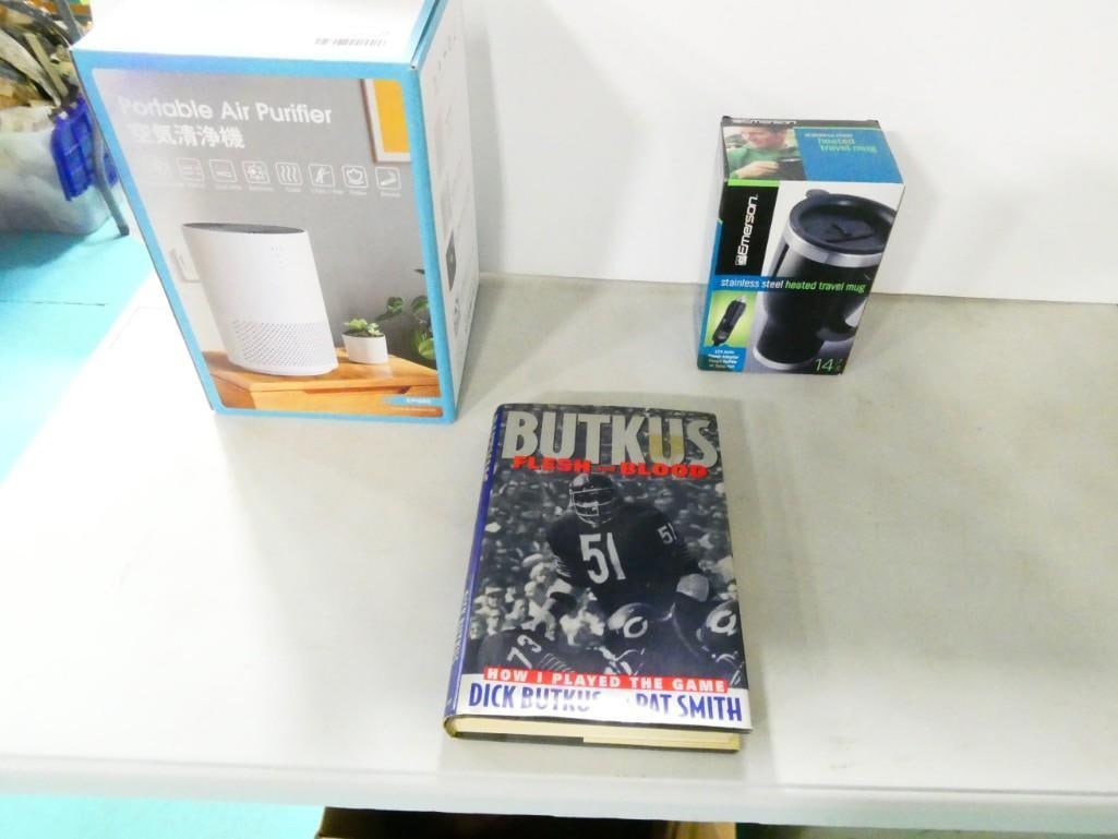 Portable Air Purifier, Dick Butkus Book, Travel Mug New in Box: Portable Air Purifier, Dick Butkus Book, Travel Mug New in Box