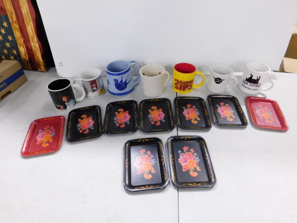 Lot of Vintage Metal Trays and Asst Coffee Mugs: Lot of Vintage Metal Trays and Asst Coffee Mugs incl The Far Side Mug, Little Goat Diner Mug, etc