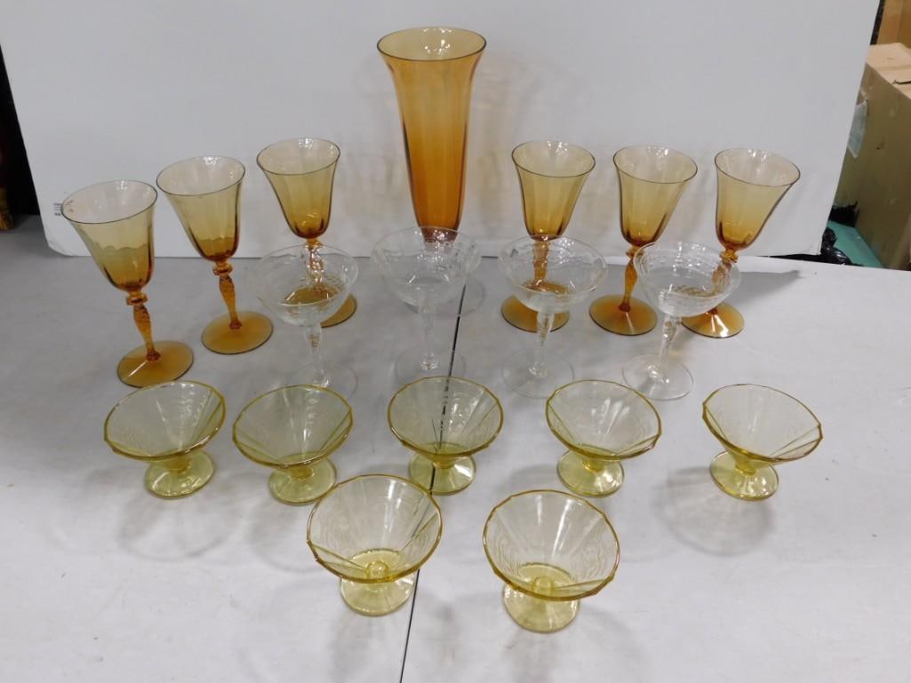 Vintage Stemware Glasses and Sherbets incl Depression Glass: Vintage Stemware Glasses and Sherbets incl Madrid Pattern Depression Glass Sherbets Condition: tall gold wine glasses have flea bite chips on all of them