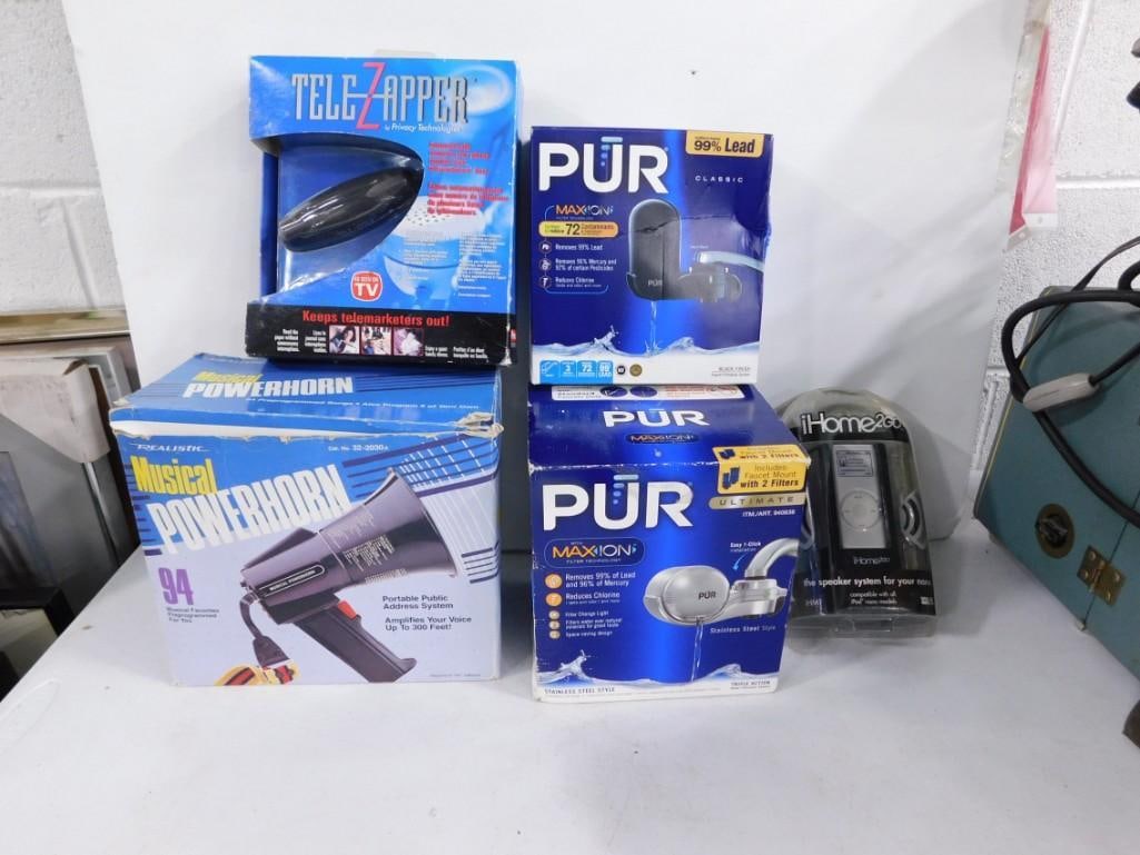 2 Pur Faucet Water Filters, iHome2Go Speaker, Musical Powerhorn, TeleZapper: 2 Pur Faucet Water Filters, iHome2Go Speaker, Musical Powerhorn, TeleZapper . All in original boxes