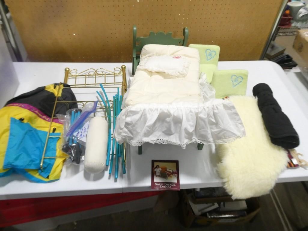 American Girl Green Sleigh Bed, American Girl Brass Bed, 2 American Girl Fold Up Chairs, (1 of 9)