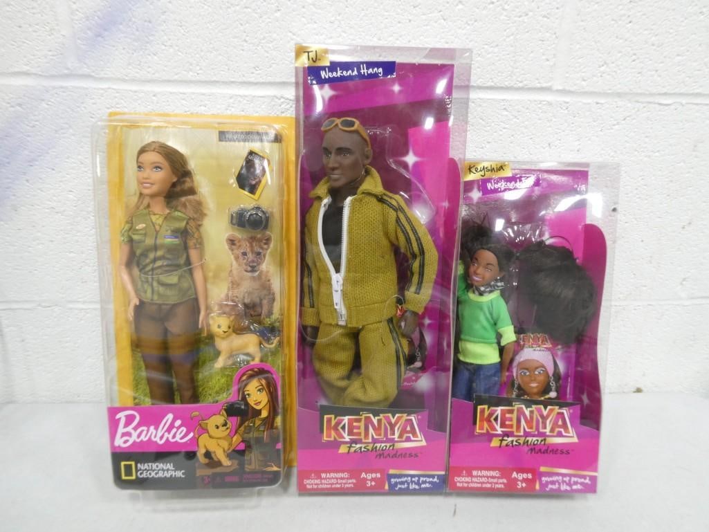 National Geographic Photojournalist Barbie Doll NIP, Kenya Fashion TJ Doll, Kenya Fashion Keyshia Do: Lot of 3 dolls including National Geographic Photojournalist Barbie Doll, Kenya Fashion Madness TJ Doll, Kenya Fashion Madness Keyshia Doll. All new in package