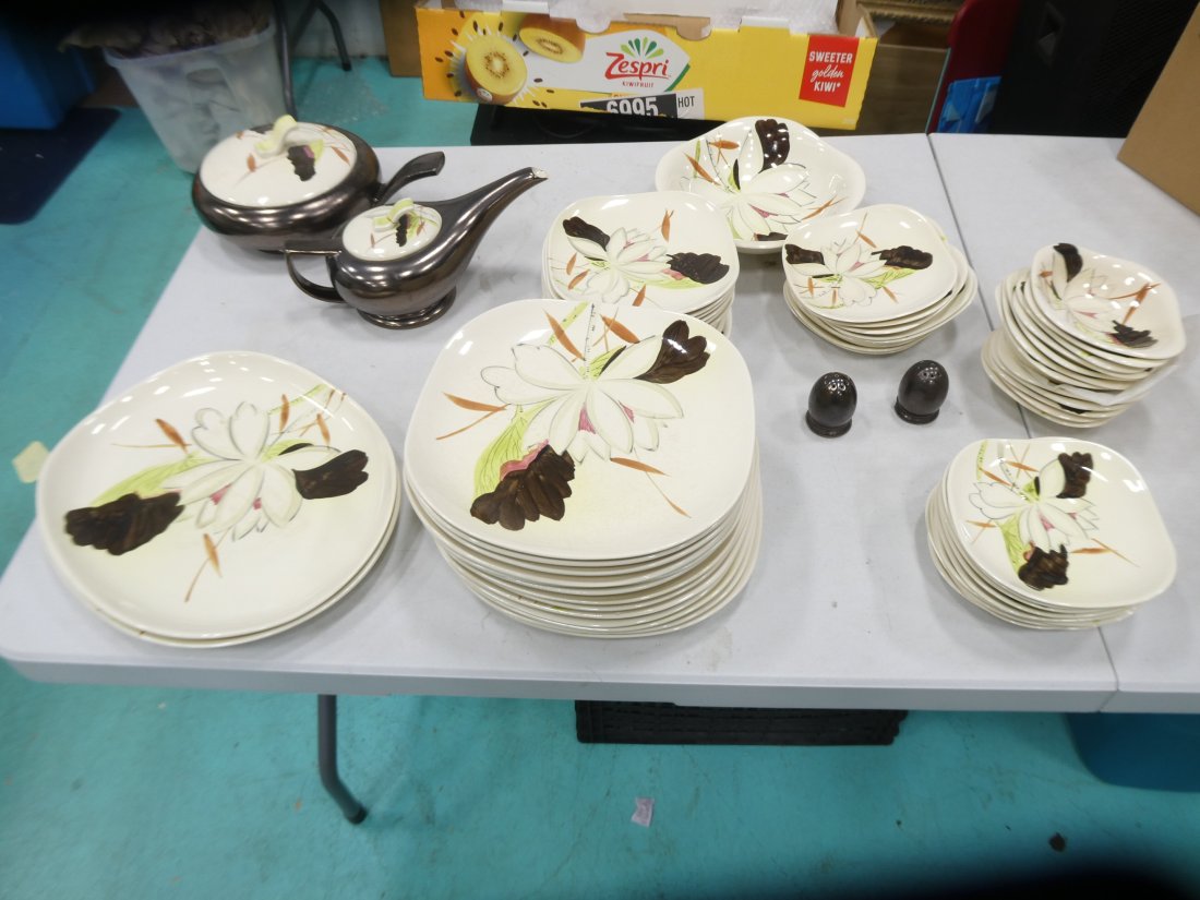 Red Wing Pottery Lotus Bronze Pattern Dishes incl assorted size plates, Coffee Pot with Lid (1 of 9)