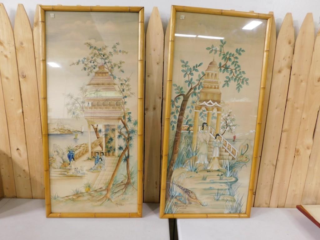 Pair of Framed Asian Art Paintings - E. Kriesche Jr. (1 of 8)