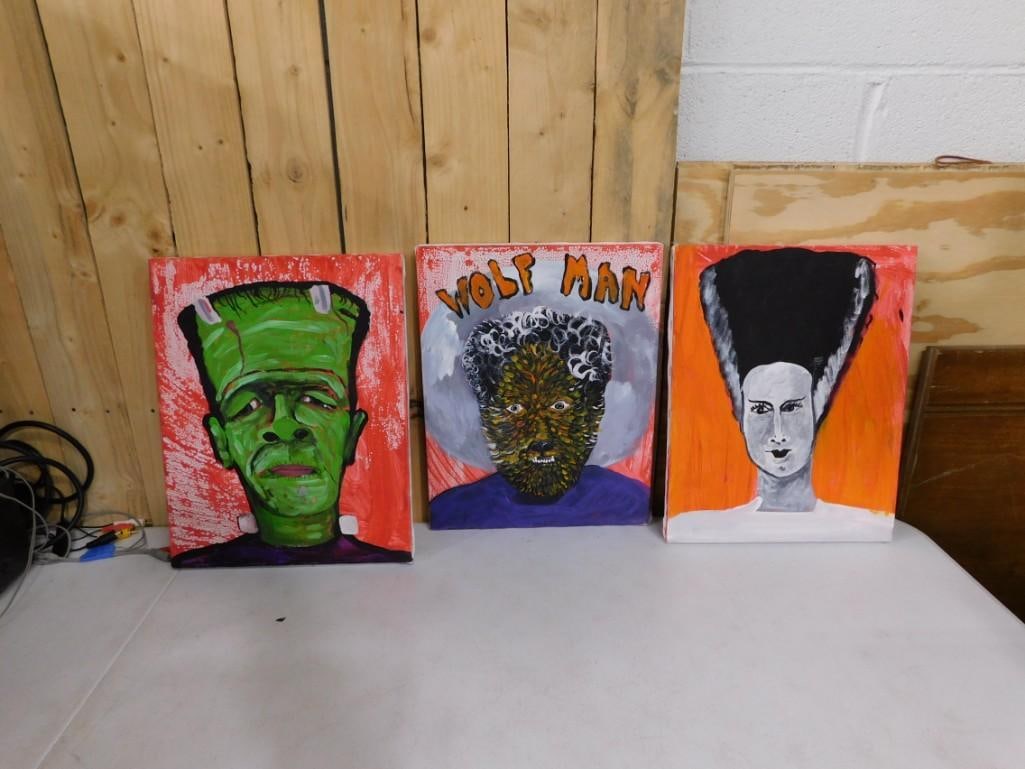 3 Halloween Paintings 11x14" including Frankenstein Monster, Wolf Man, Bride of Frankenstein (1 of 5)
