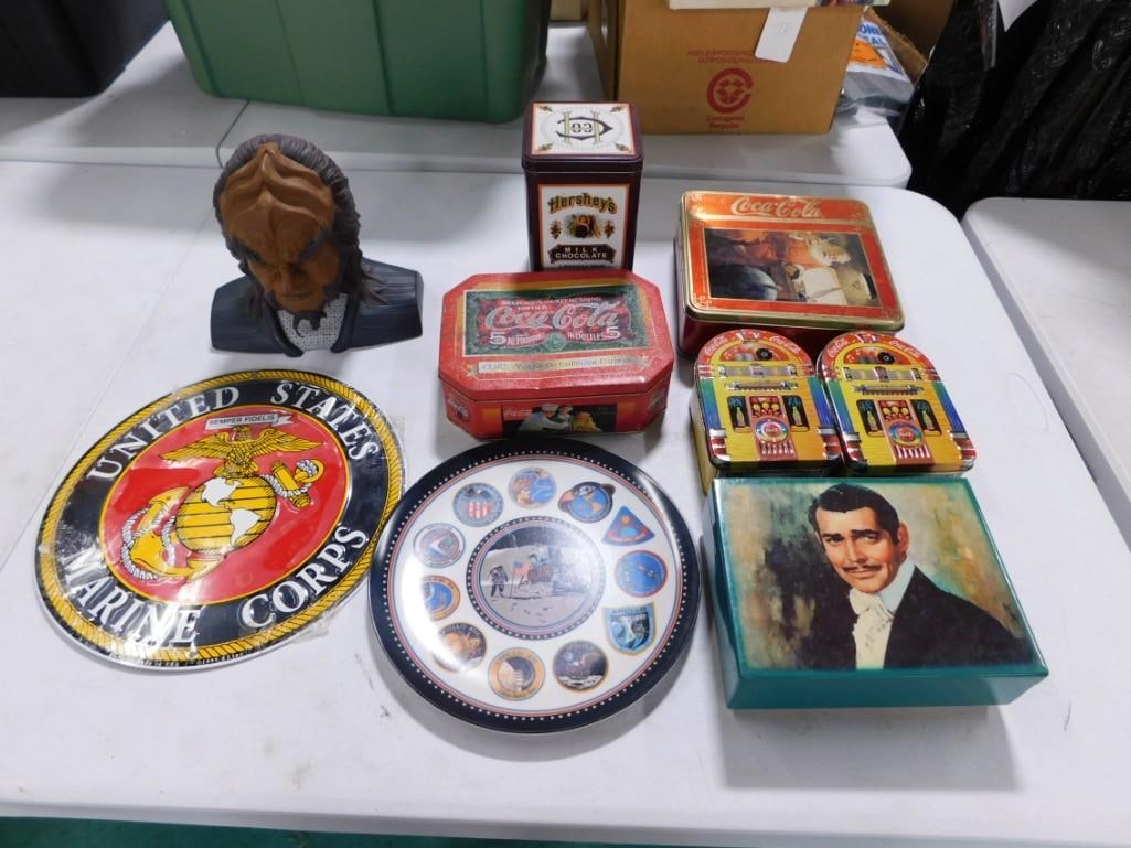 Assorted Collectibles including Apollo Moon Patch Plate, Worf Bust, Marine Corps, Coca Cola Tins, et (1 of 11)