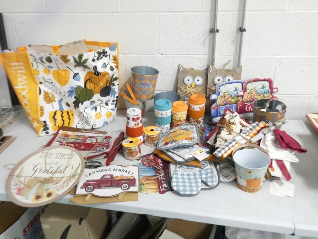 Large Lot of Autumn Decor incl Owl Wall Hangings, Potholders, Travel Mugs, Kitchen Decor, Small Buck (1 of 11)