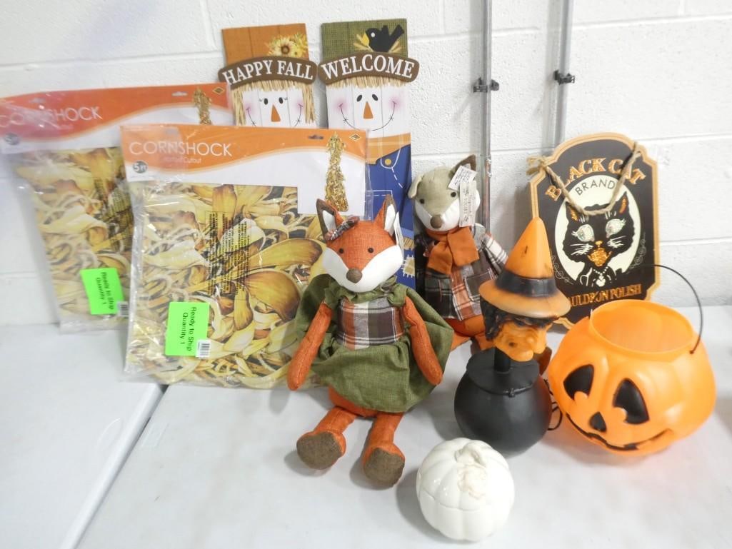 Lot of Fall Decor incl Black Cat Cauldron Polish Sign, Fox Dolls, Cornshock Decor, Scarcrow Decorati (1 of 7)