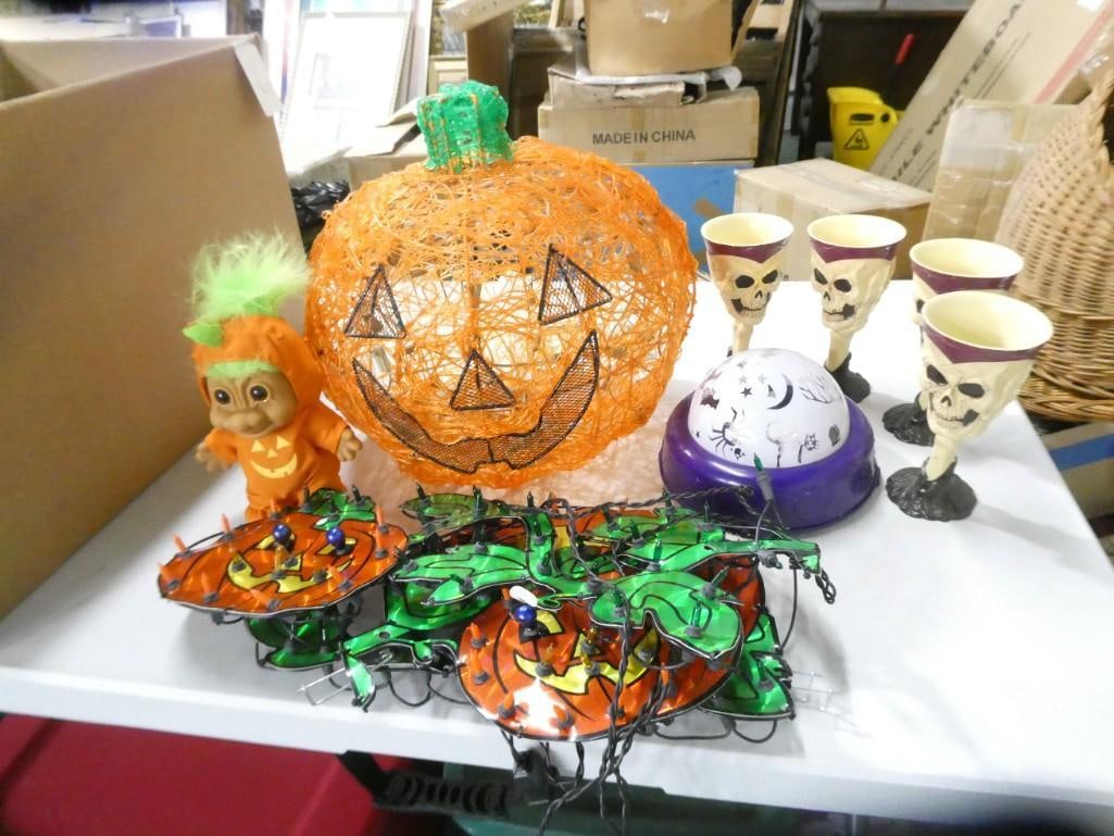 Halloween Lot including Large Light up pumpkin, 4 Skull WIne Glasses / Goblets, Wall Hanging, Troll: Halloween Lot including Large Light up pumpkin, 4 Skull Wine Glasses / Goblets, Wall Hanging, Pumpkin Troll Doll, etc.