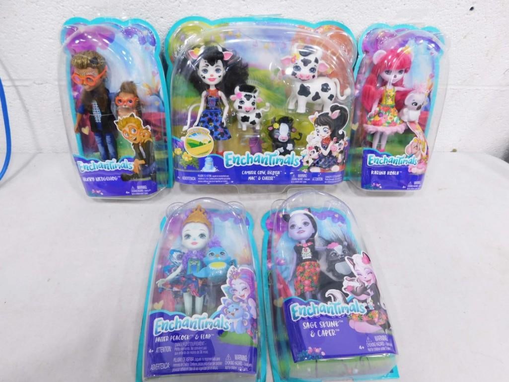 5 Enchantimals Mythical Animal Creatures Dolls & Pets Lot NOC: Includes Cambrie Cow, Karina Koala, Hisby Hedgehog, Sage Skunk, Patter Peacock with Pets. All new in boxes. Made by Mattel