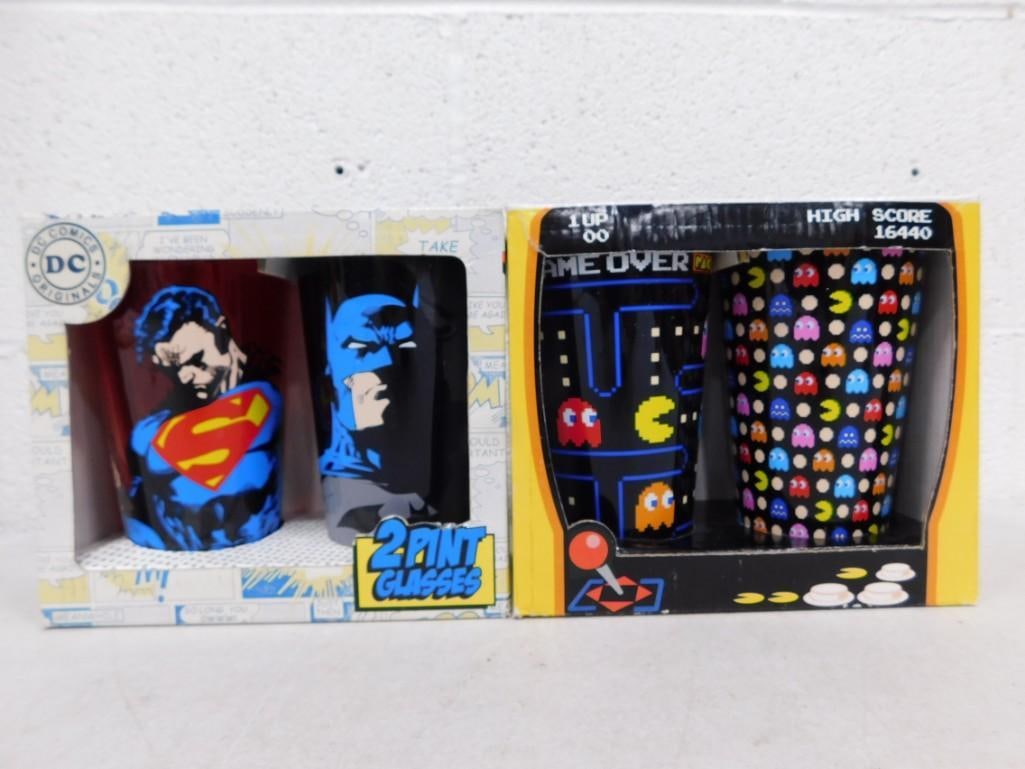 Pac Man and Superman Drinking Glasses New in Box: Pac Man and Superman Drinking Glasses New in Box