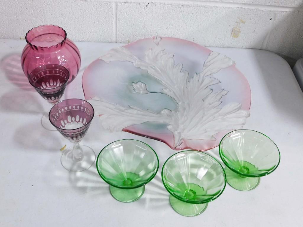 Colored Glass incl Uranium Glass Sherbets, Cut to Clear Stemware, Cranberry Glass Vase, Art Glass Ce (1 of 7)