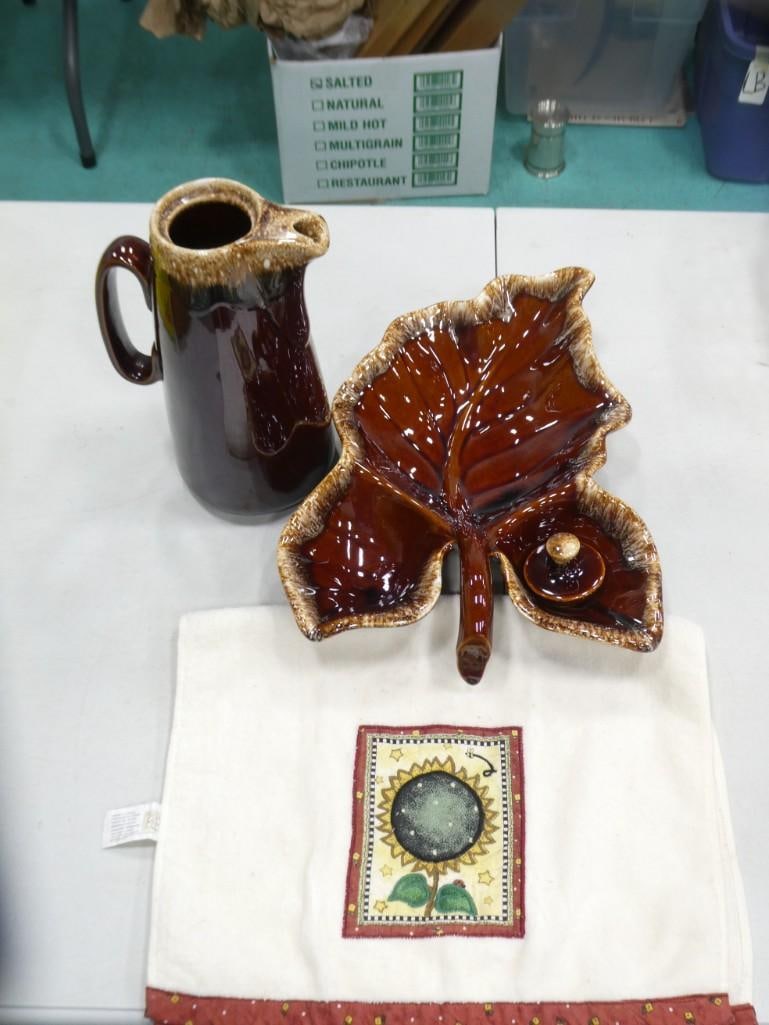 Vintage Drip Glaze Coffee Pot with Lid and Divided Maple Leafe Dish plus a Sunflower Kitchen Towel (1 of 6)