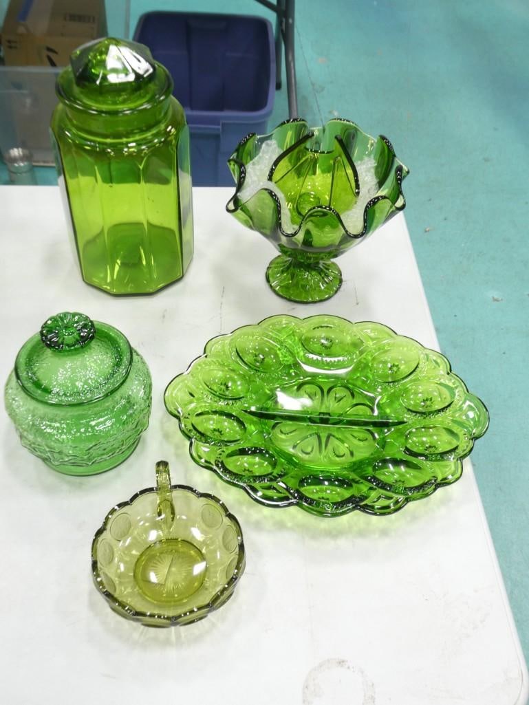 Vintage Green Glass incl LE Smith Moon and Stars Divided Bowl, Viking Footed Stretch Bowl, (1 of 5)