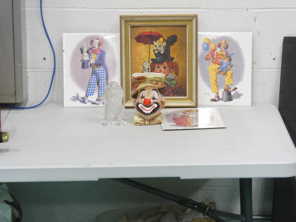 Clown Lot incl Viking Frosted Glass Clown, 1960s Lefton Clown Vase, Clown Prints (1 of 4)