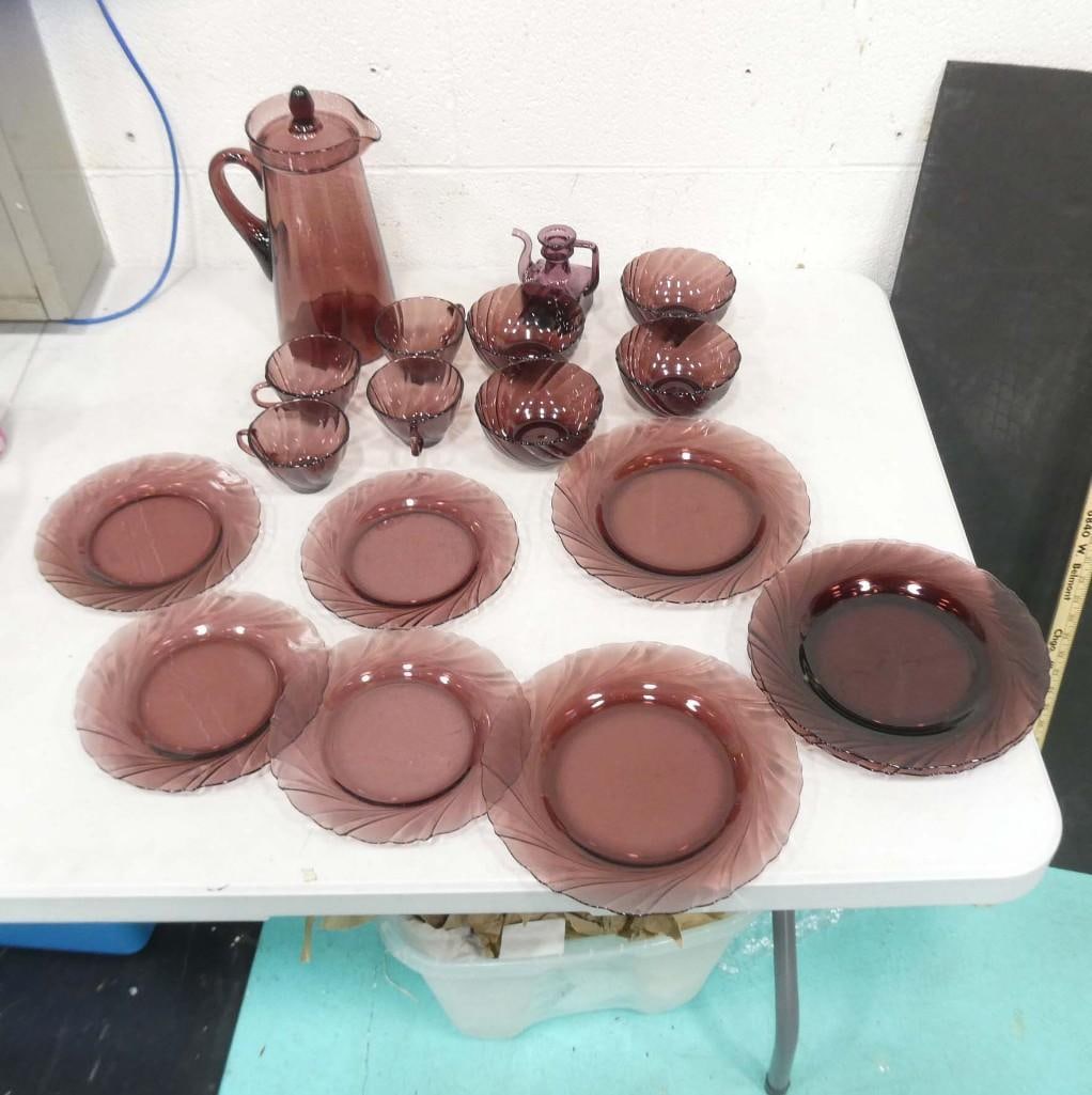 Amethyst Glass incl Tiffin Amethyst Glass Juice Pitcher, Duralex Rivage Amethyst Glass Plates, Cups (1 of 4)