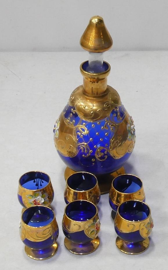 Cobalt Blue Glass Gold Gilt Decanter Set with 6 glasses (1 of 5)