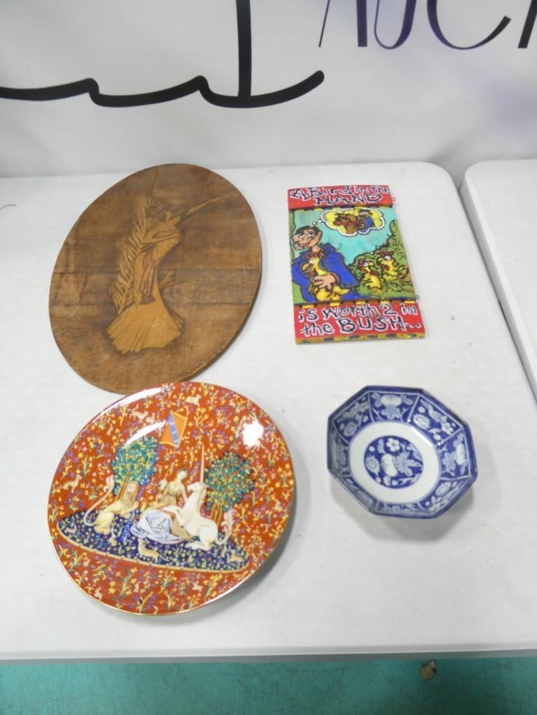 2 Vintage Wood Wall Plaques, Haviland Limoges Plate, and an Unmarked Bowl (1 of 7)