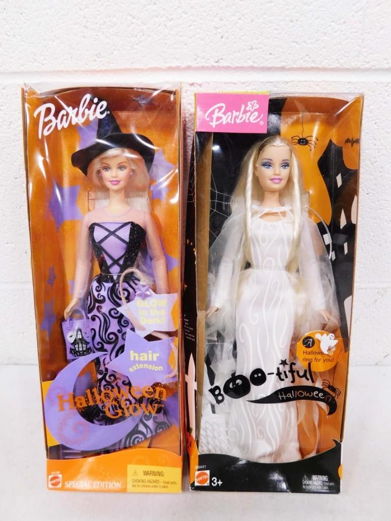 2 Boo-tiful Halloween & Halloween Glow Barbies Lot NIB: 2002 and 2004 Halloween Glow in the Dark Ghost and Halloween Glow Barbie dolls are new in damaged boxes