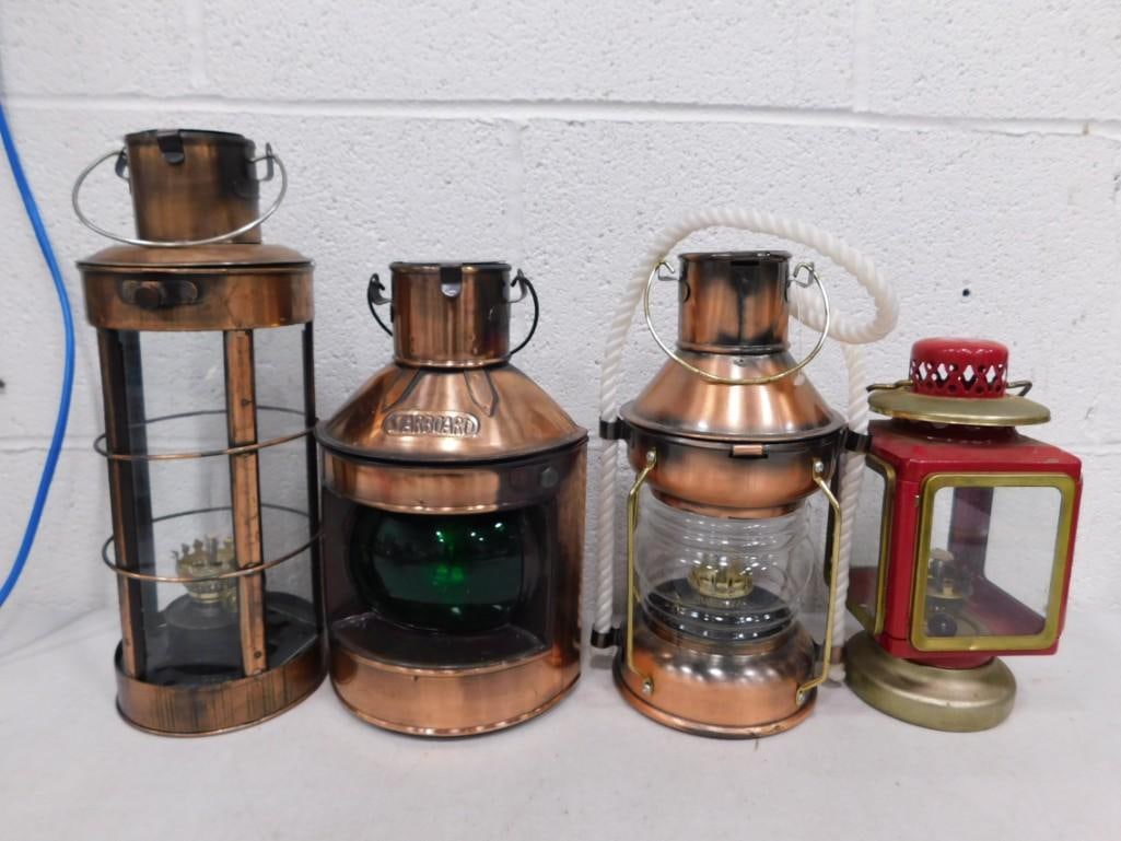 4 Kerosene Lanterns or Oil Lamps incl Starboard with Green Glass Shade, etc (1 of 4)
