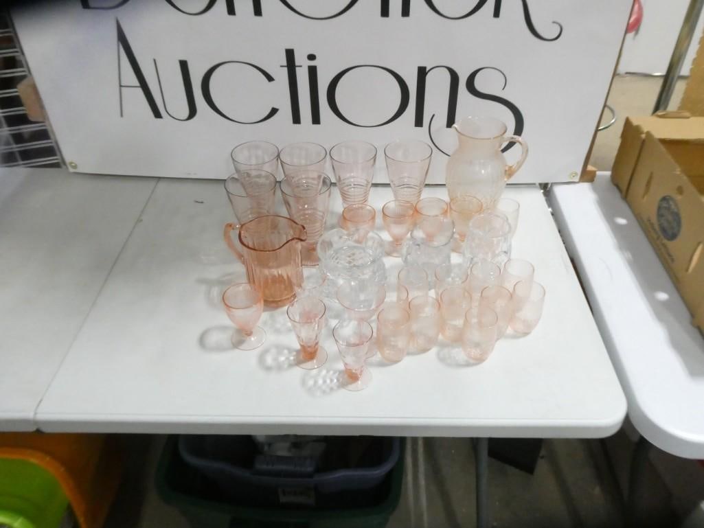 Large Lot of Mostly Pink Depression Glass, etc. cups, pitchers, (1 of 7)