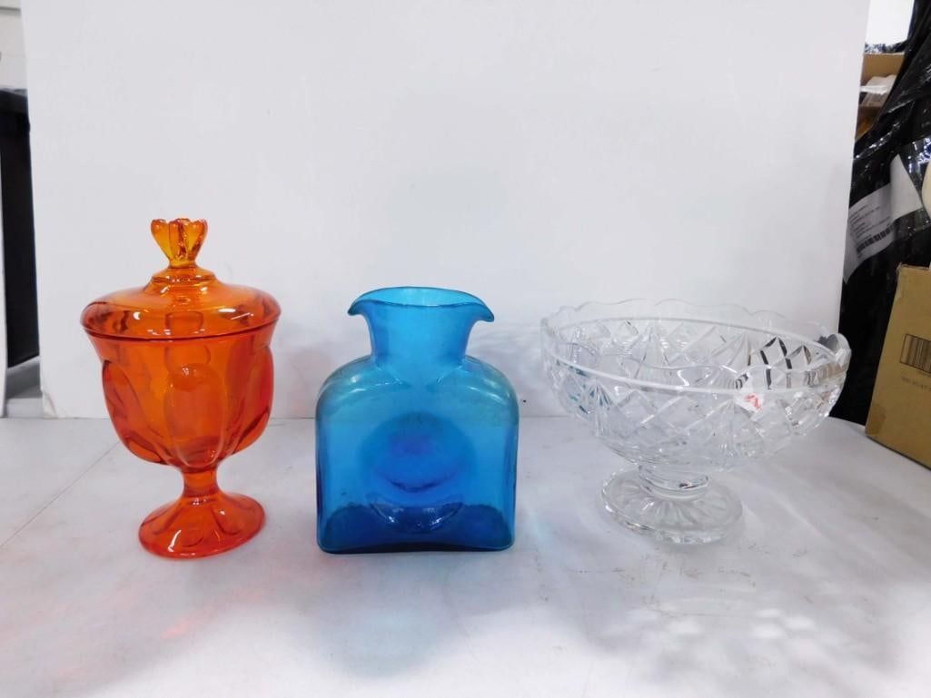 Viking Glass Persimmon Covered Candy Dish, LE Smith Water Bottle, Footed Crystal Bowl (1 of 3)