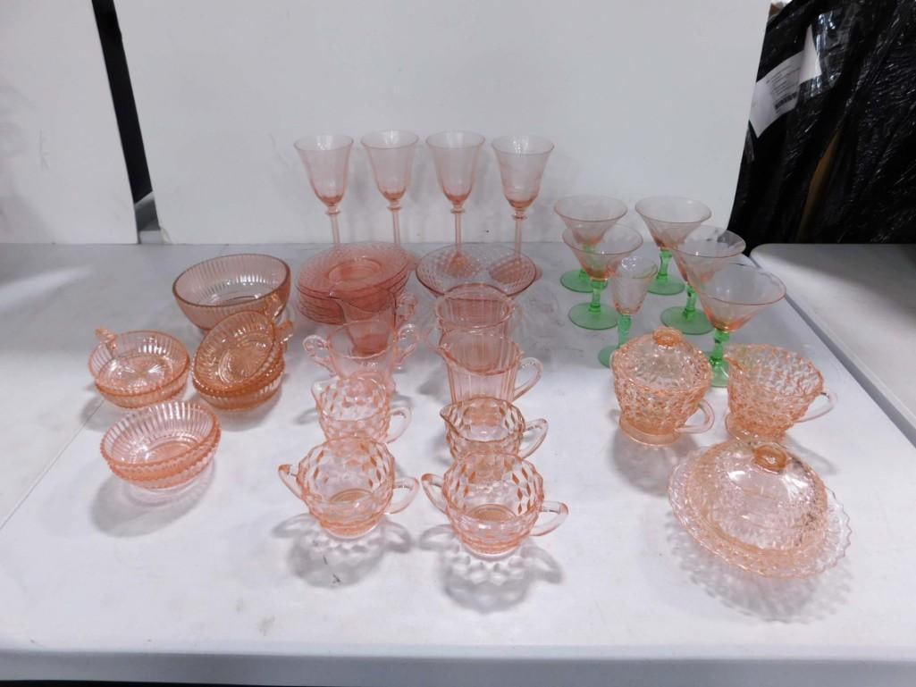 Watermelon Glass Stemware and Pink Depression Glass Lot (1 of 9)