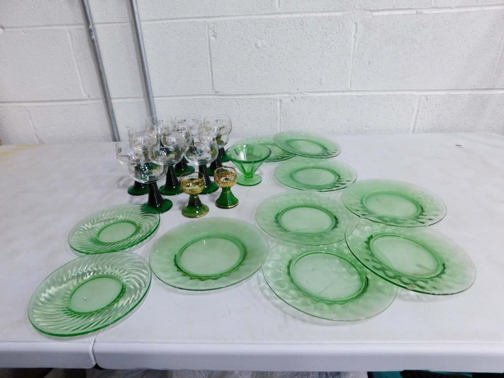 Glass Lot incl Green Uranium Glass or Depression Glass Plates, Schmitt Sohne Stemware Glasses, etc (1 of 8)
